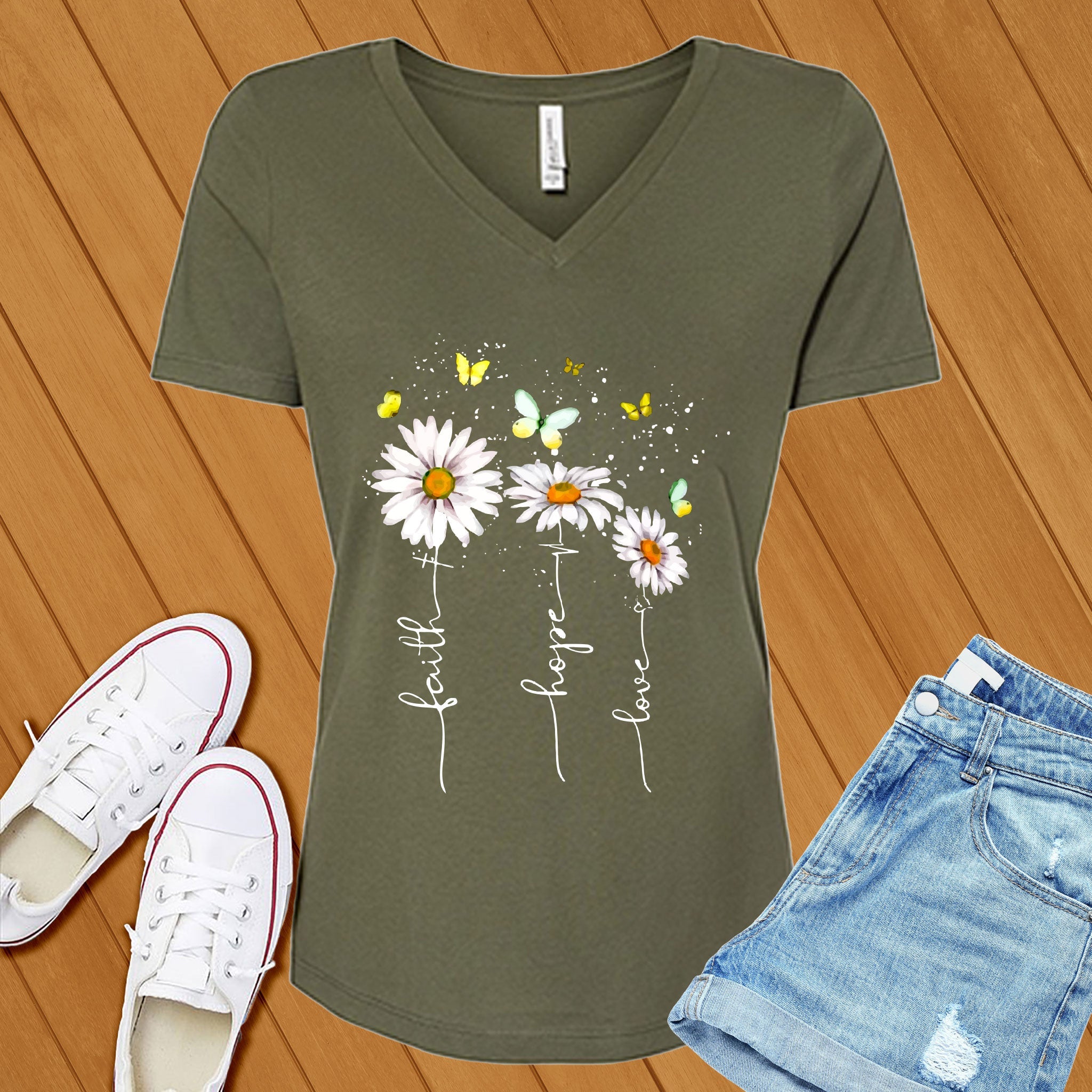 Faith Hope Love Flowers V-Neck - Love Tees