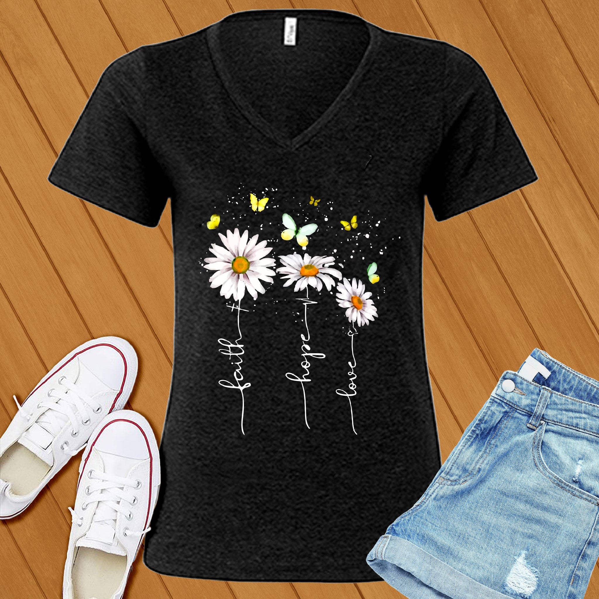 Faith Hope Love Flowers V-Neck - Love Tees