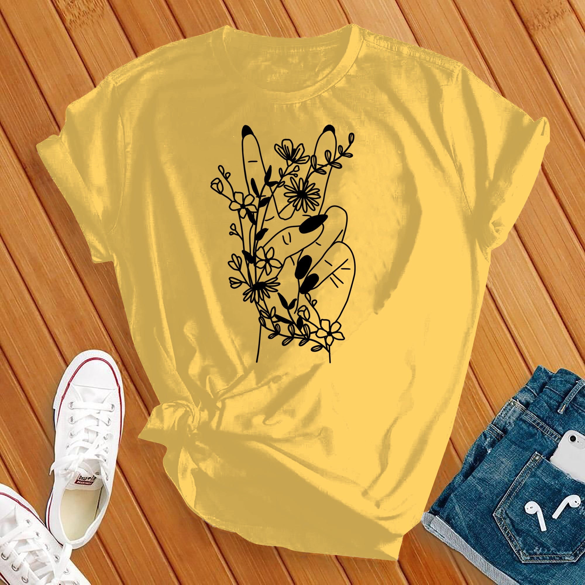 Hand Peace Sign Flowers Black Tee - Love Tees