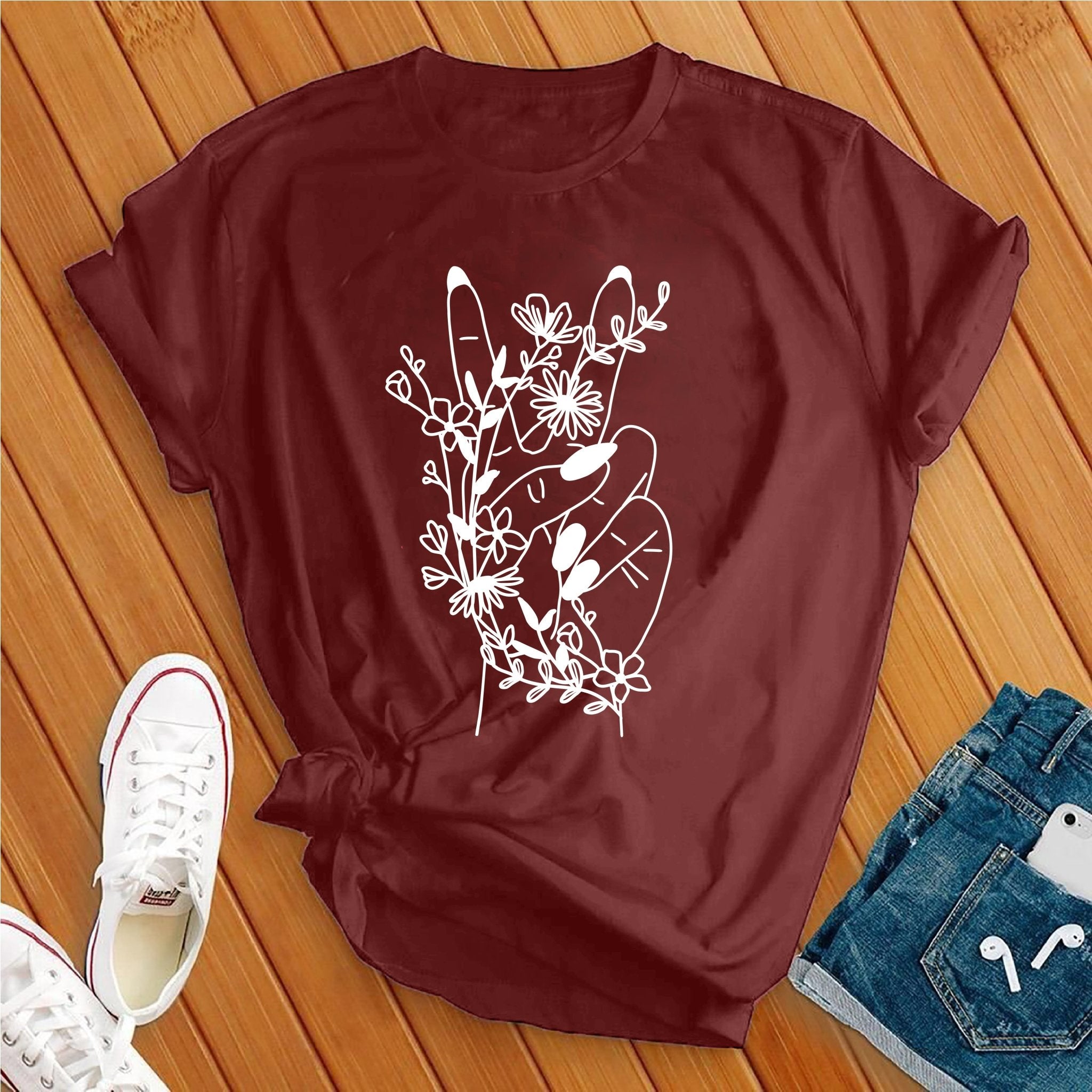 Hand Peace Sign Flowers White Tee - Love Tees