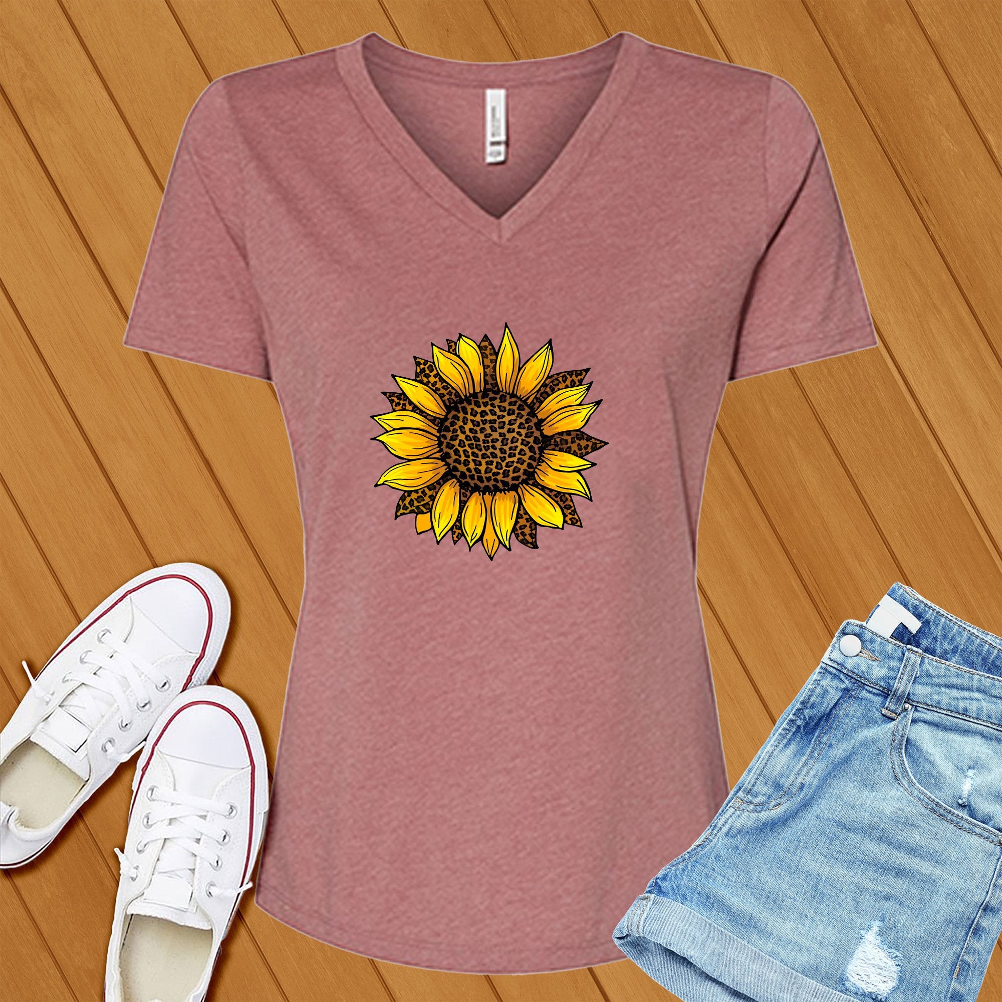 Leopard Sunflower Cute V-Neck - Love Tees