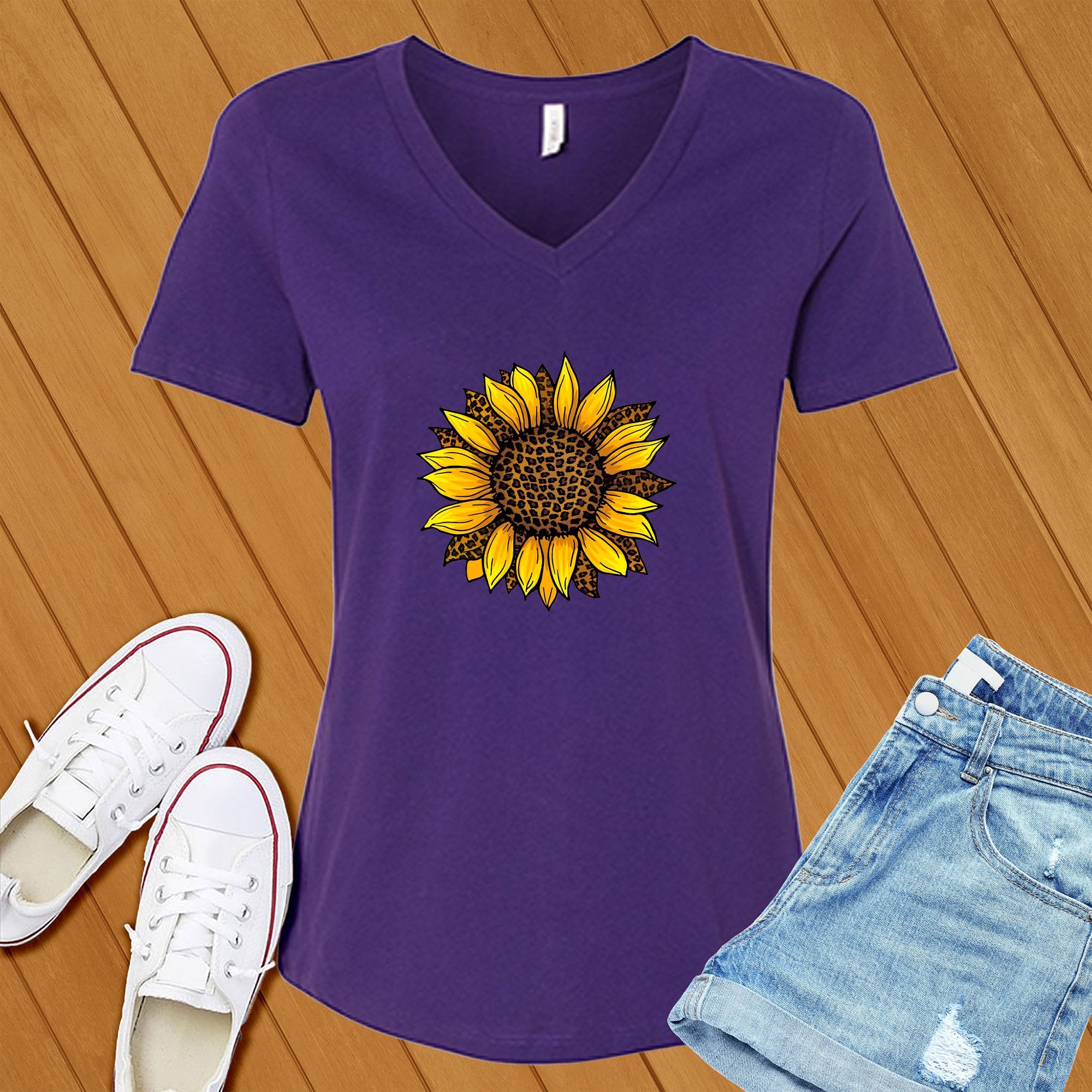 Leopard Sunflower Cute V-Neck - Love Tees