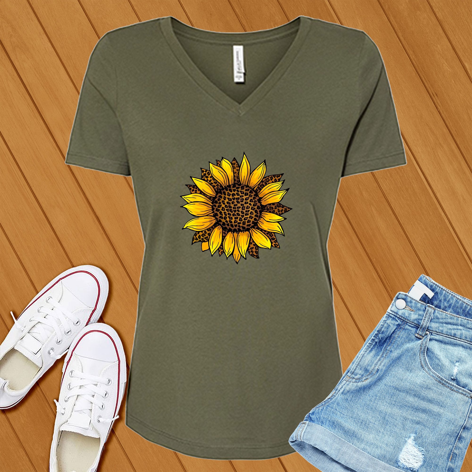 Leopard Sunflower Cute V-Neck - Love Tees