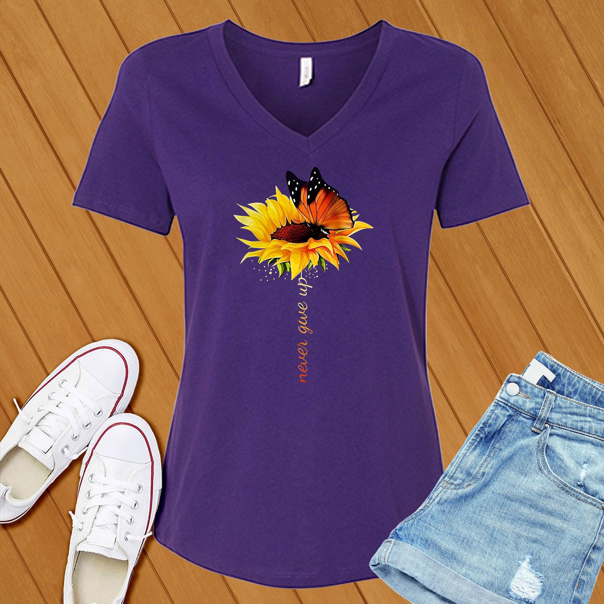 Never Give Up Flower V-Neck - Love Tees