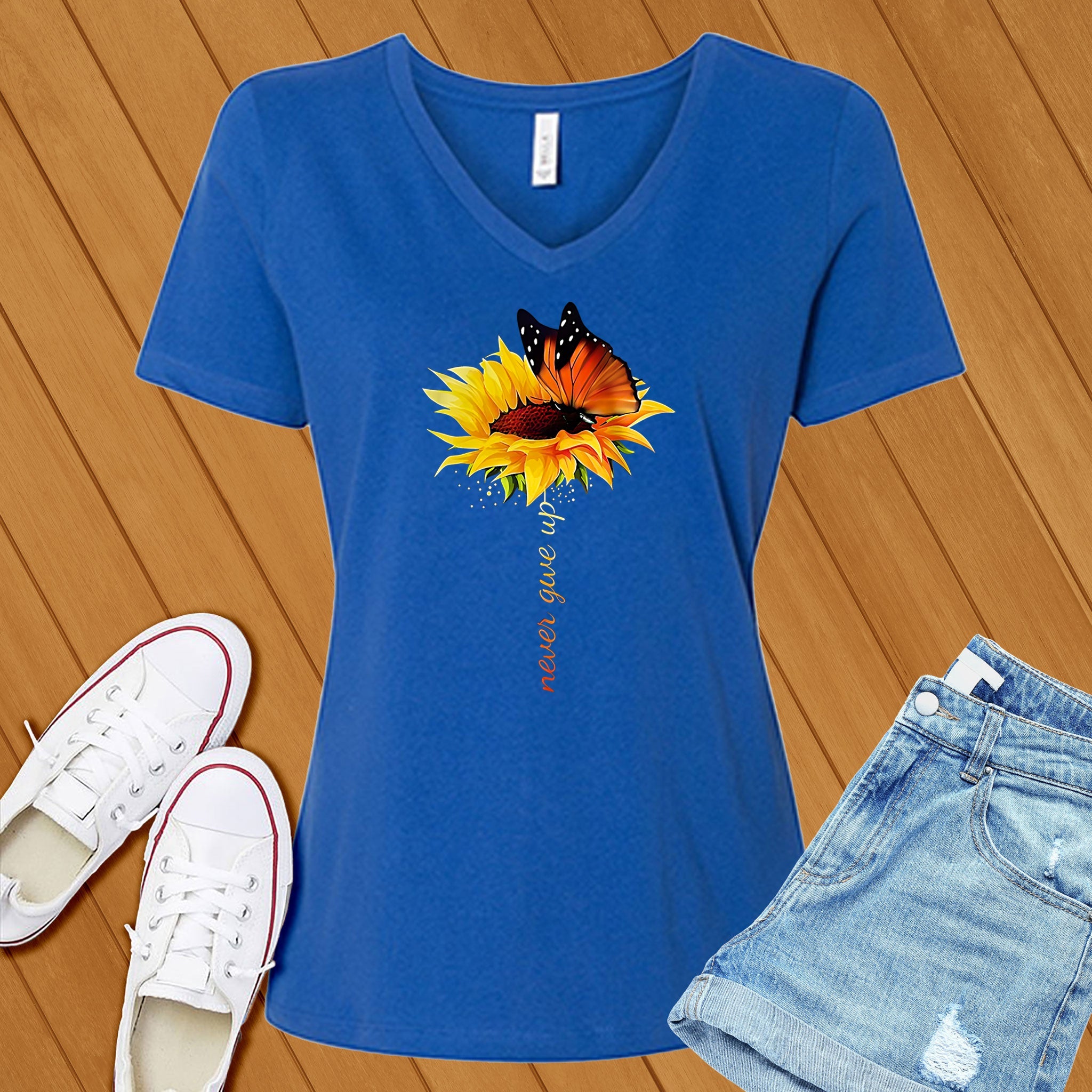 Never Give Up Flower V-Neck - Love Tees