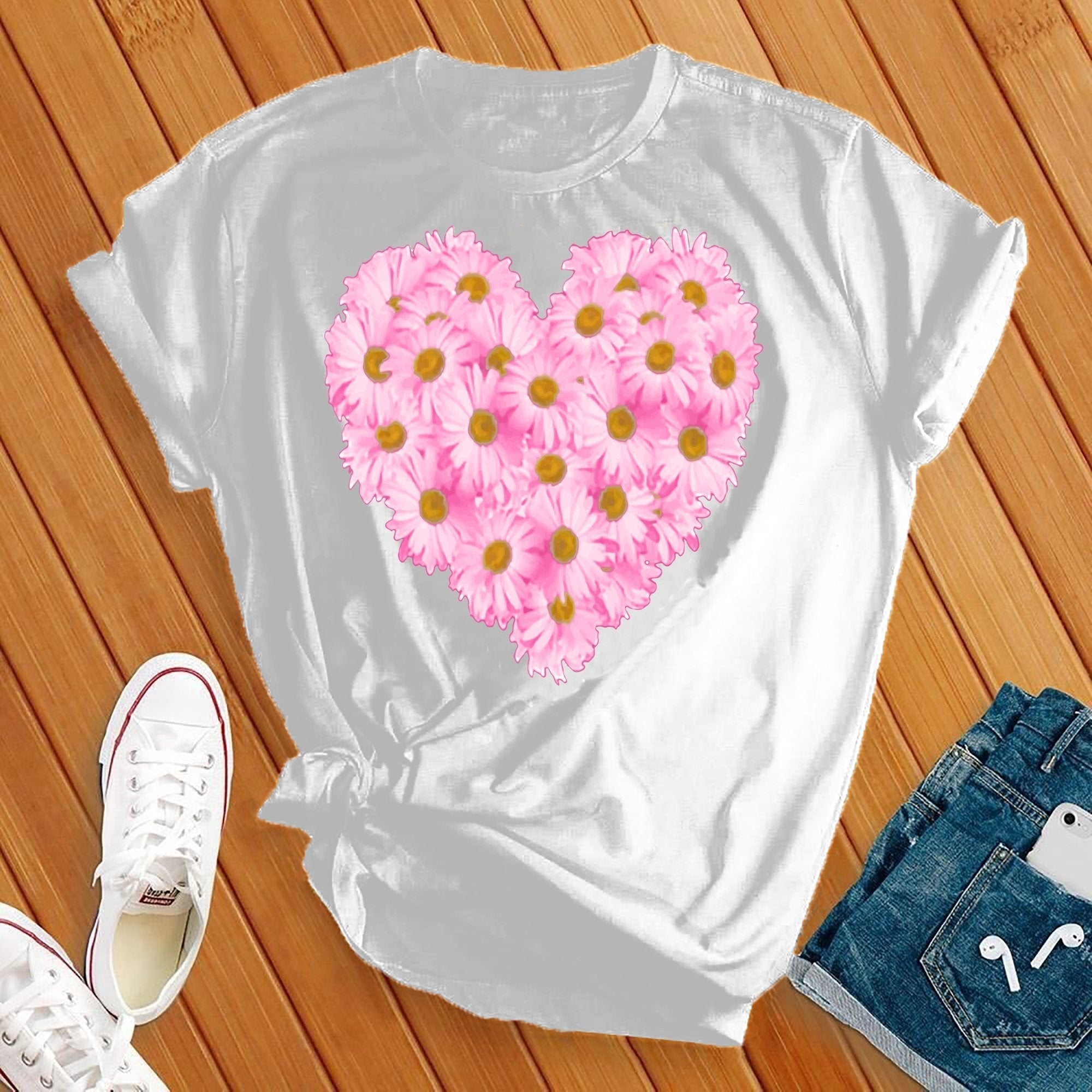 Pink Daises Heart Tee - Love Tees