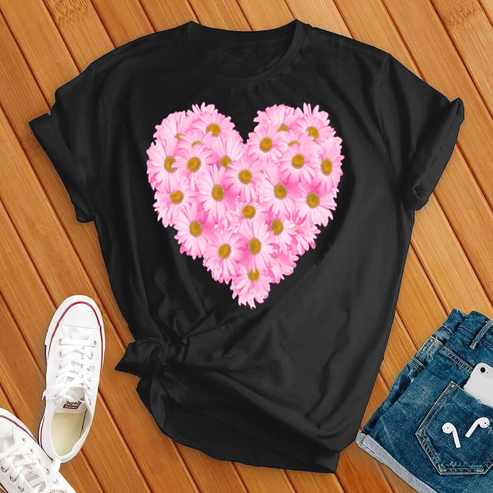 Pink Daises Heart Tee - Love Tees