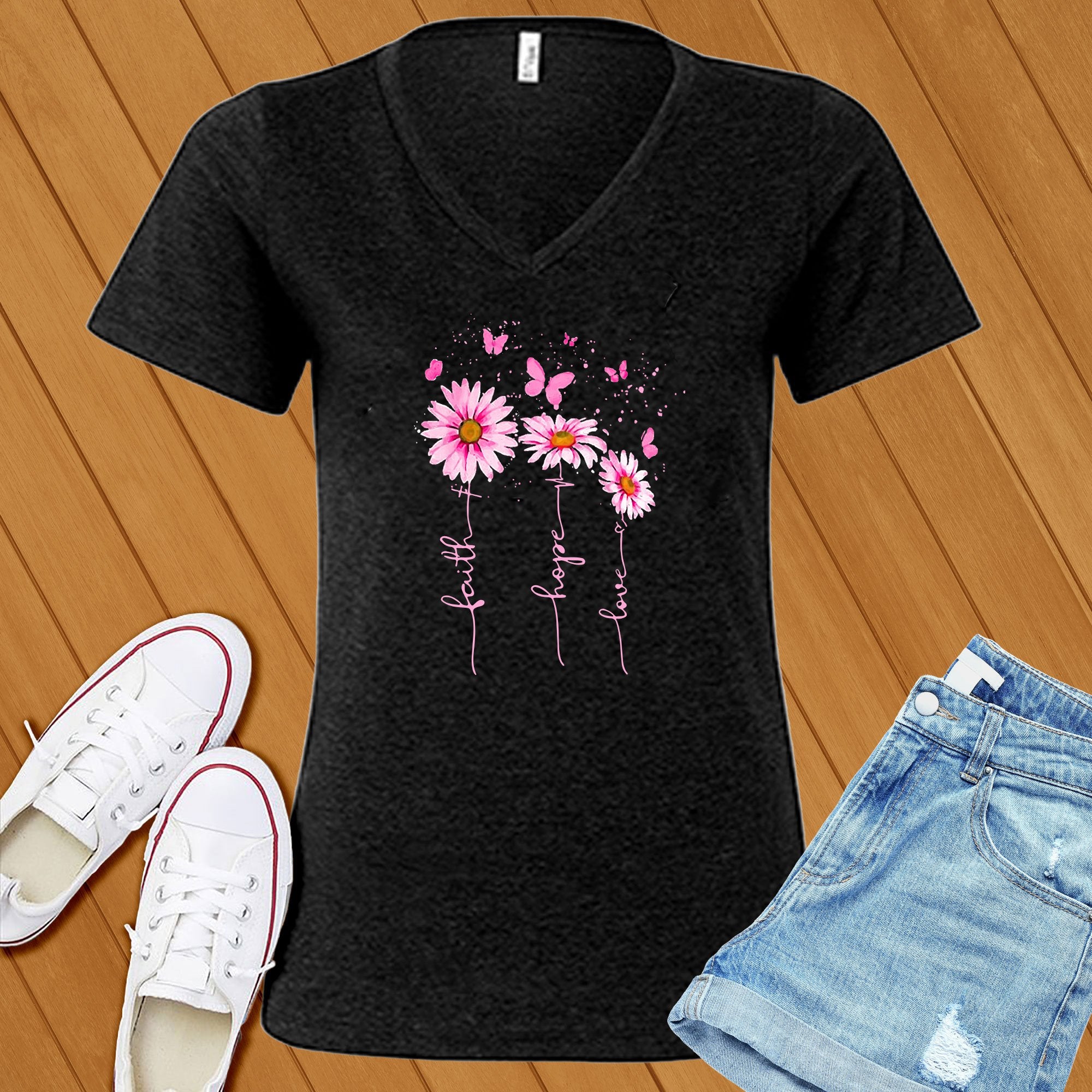 Pink Faith Hope Love Flowers V-Neck - Love Tees